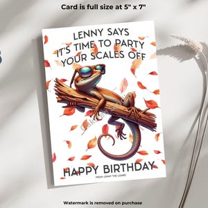 Cartão de aniversário exclusivo inspirado em animais para impressão, mensagem peculiar, Lenny, o lagarto, cartão hilário para amigo
