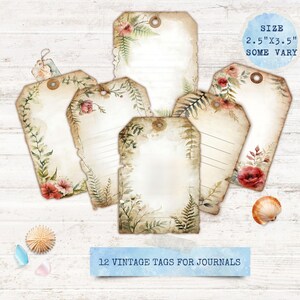 Cottagecore Journal Tags, Printable Vintage Floral Ephemera, Planner Scrapbook Embellishments, Digital Download, Set 12