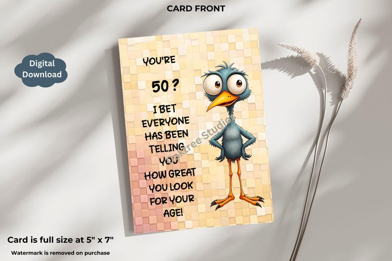 Funny 50th Birthday Card, Printable Greeting Card, Whimsical Bird ...