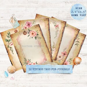 Cottagecore Journal Tags, Printable Vintage Floral Ephemera, Planner Scrapbook Embellishments, Digital Download, Set 12