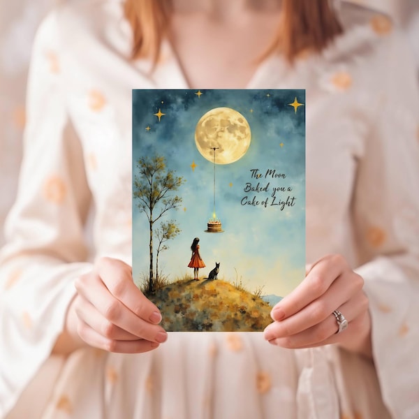 Tarjeta de cumpleaños celestial: Arte popular de niña, gato y luna