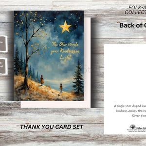 May include: Thank you card set with a watercolor painting of a starry night scene. The card features the text "The Star Wrote your Kindness in Light." The back of the card has a quote. Each card measures 4.25 x 5.5 inches.