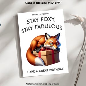 Cartão de aniversário exclusivo inspirado em animais para impressão, mensagem peculiar, Frankie, a raposa, cartão hilário para amigo
