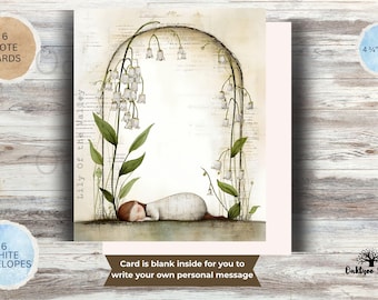 May include: A set of 6 note cards measuring 4.25 inches by 5.5 inches, featuring an illustration of a person sleeping under an arch of lily of the valley flowers. The text Lily of the Valley is printed vertically on the left side of the card.