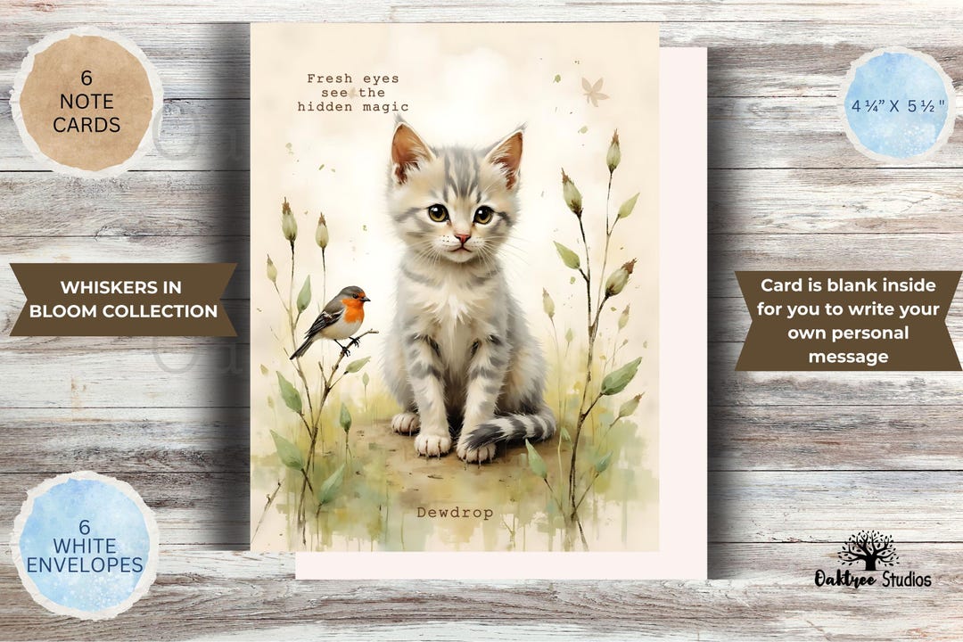 Floral Cat Note Cards With Envelopes | Whiskers in Bloom, Set of 6 - Etsy