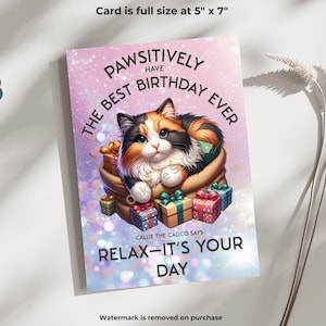 Cartão de aniversário exclusivo inspirado em animais para impressão, mensagem peculiar, Callie, a gatinha malhada, cartão hilário para amiga