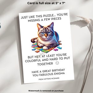 Cartão de aniversário exclusivo inspirado em animais para impressão, mensagem peculiar, Mittens the Cat, cartão hilário para amigo