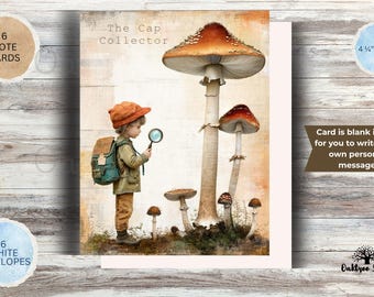 May include: A whimsical greeting card featuring an illustration of a child with a magnifying glass examining large mushrooms. The card is 4.25 x 5.5 inches and includes 6 note cards and 6 white envelopes. The text "The Cap Collector" is visible.