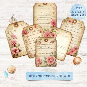 Cottagecore Journal Tags, Printable Vintage Floral Ephemera, Planner Scrapbook Embellishments, Digital Download, Set 12