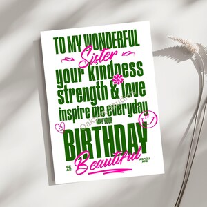 Tarjeta de cumpleaños para hermana imprimible, tarjeta de bondad, fortaleza e inspiración: deseos de cumpleaños para tu hermana, mejor amiga, archivo digital imprimible