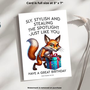 Cartão de aniversário exclusivo inspirado em animais para impressão, mensagem peculiar, Frankie, a raposa astuta, cartão hilário para amigo