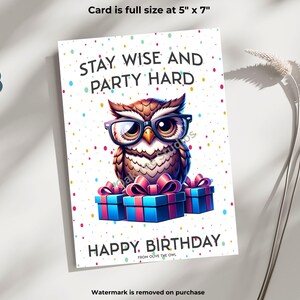 Cartão de aniversário exclusivo inspirado em animais para impressão, mensagem peculiar, Olive, a coruja sábia, cartão hilário para amiga