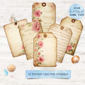 Cottagecore Journal Tags, Printable Vintage Floral Ephemera, Planner Scrapbook Embellishments, Digital Download, Set 12