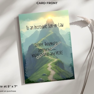 May include: Greeting card with a mountain landscape design. The card reads "To an Incredible Son-in-Law" with additional text. The card measures 5" x 7".