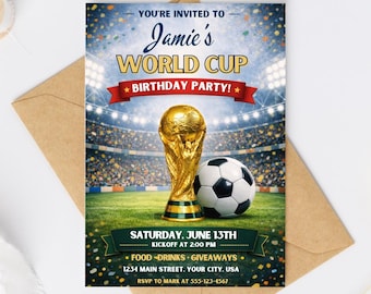Invitación para ver la Copa del Mundo: Plantilla editable para cumpleaños de fútbol (Descarga digital)