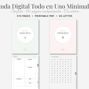 May include: A digital planner set featuring two cover designs in pastel green and pink with the text AGENDA DIGITAL, a daily layout page, and a sticker sheet page. The product includes 574 pages, is a printable PDF, and is formatted for US Letter size.