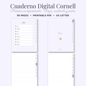 Pode incluir: Um caderno digital Cornell com 90 páginas no formato US Letter. O layout apresenta abas com hiperlinks, uma página de índice e seções com papel pautado, quadriculado e pontilhado. O texto inclui 'Cuaderno Digital Cornell', 'Pestañas con hipervínculos', 'Raya, cuadrícula y puntos', '90 PAGES', 'PRINTABLE PDF', 'US LETTER' e 'Index'.