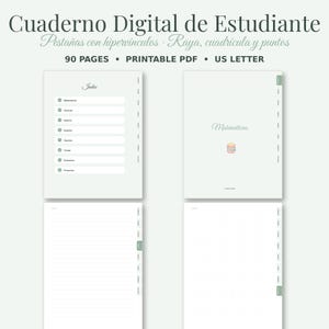 Pode incluir: Um caderno digital de estudante com 90 páginas no formato US Letter. O layout inclui abas com hiperlinks, uma página de índice e páginas com linhas, grade e pontos. O texto diz Cuaderno Digital de Estudiante, 90 PAGES, PRINTABLE PDF, US LETTER.