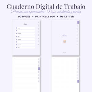 Pode incluir: Um caderno de trabalho digital de 90 páginas no formato US Letter, com abas com hiperlinks, uma página de índice e seções com linhas, grade e pontos. O layout inclui detalhes em roxo, um ícone de livros e texto em espanhol.