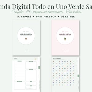 May include: A digital planner set featuring two cover designs in light green and soft pink with the text "AGENDA DIGITAL" and "todo en uno". Includes a daily layout page and a sticker sheet with various shapes, all in a printable US letter format.