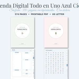 Op de afbeelding: Een digitale planner-set met twee omslagontwerpen in lichtgroen en zachtroze, elk met een cirkelvormige afbeelding in het midden. Bevat een dagelijkse lay-outpagina met uurslots en een stickervelpagina met kleurrijke iconen. Tekst bevat Agenda Digital.