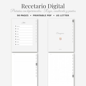 Pode incluir: Um livro de receitas digital com 90 páginas no formato US Letter. O layout inclui uma página de índice com abas com hiperlinks, uma página de seção de café da manhã com um pequeno ícone e páginas com modelos pautados e pontilhados.
