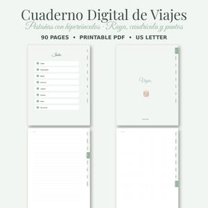 Pode incluir: Um caderno de viagem digital com 90 páginas no formato US Letter. O layout apresenta abas com hiperlinks, uma página de índice e seções com papel pautado, quadriculado e pontilhado. O texto inclui 'Cuaderno Digital de Viajes'.