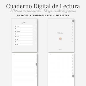Pode incluir: Um diário de leitura digital com abas com hiperlinks, contendo 90 páginas no formato US Letter. O layout inclui uma página de índice, uma seção 'Por leer' com um pequeno ícone de livro e páginas com pautas e pontos para anotações.
