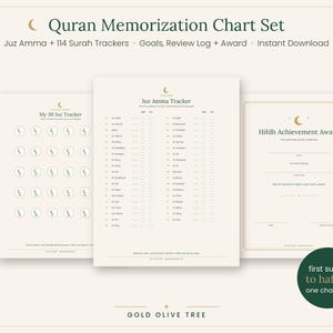 May include: A Quran Memorization Chart Set featuring a My 30 Juz Tracker, a Juz Amma Tracker, and a Hifdh Achievement Award certificate. The documents are cream-colored with dark green text and gold crescent moon icons throughout the pages.