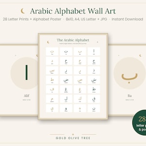 Könnte beinhalten: Eine Sammlung von Wandkunst-Drucken mit dem arabischen Alphabet, bestehend aus einem zentralen Poster mit achtundzwanzig Buchstaben und einzelnen Buchstabendrucken. Das Design zeigt einen cremefarbenen Hintergrund mit dunkelgrünem und goldenem Text.