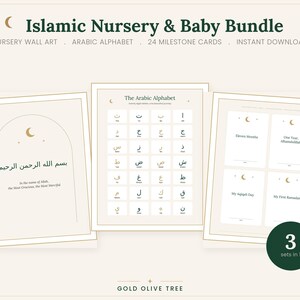 Puede incluir: Un paquete digital que incluye arte mural islámico para guardería, un alfabeto árabe y 24 tarjetas de hitos. Los diseños son de color crema con texto verde oscuro y detalles de media luna dorada. El texto incluye 'Islamic Nursery & Baby Bundle' y 'Gold Olive Tree'.