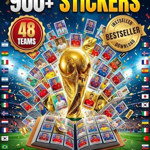 Pode incluir: Uma coleção digital de mais de 900 autocolantes de futebol com 48 equipas, centrada num troféu dourado. A imagem inclui um álbum de autocolantes aberto, numerosos retratos de jogadores e um emblema dourado de bestseller.