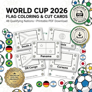 May include: World Cup 2026 flag coloring and cut cards featuring 48 qualifying nations as a printable PDF download. The set includes black and white outlines of flags for South Africa, Tunisia, Panama, DR Congo, and Curaçao with soccer ball borders.