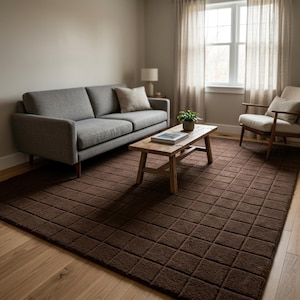 Hand Tufted Chocolate Brown Wool Rug, Modern Geometric Grid Area Rug, Minimalist Luxury Living Room Carpet, Contemporary Custom Size Rug