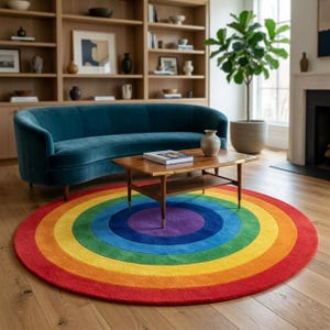Op de afbeelding: Een groot, rond vloerkleed met een levendig, concentrisch regenboogpatroon met duidelijke banden van rood, oranje, geel, groen, blauw en paars. Het kleed heeft een zachte, getextureerde pool en ligt op een lichte houten vloer.