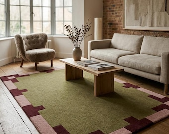 Olive Green Hand Tufted Wool Rug, Modern Geometric Border Area Rug, Burgundy & Blush Pink Living Room Rug, Minimalist Handmade Carpet