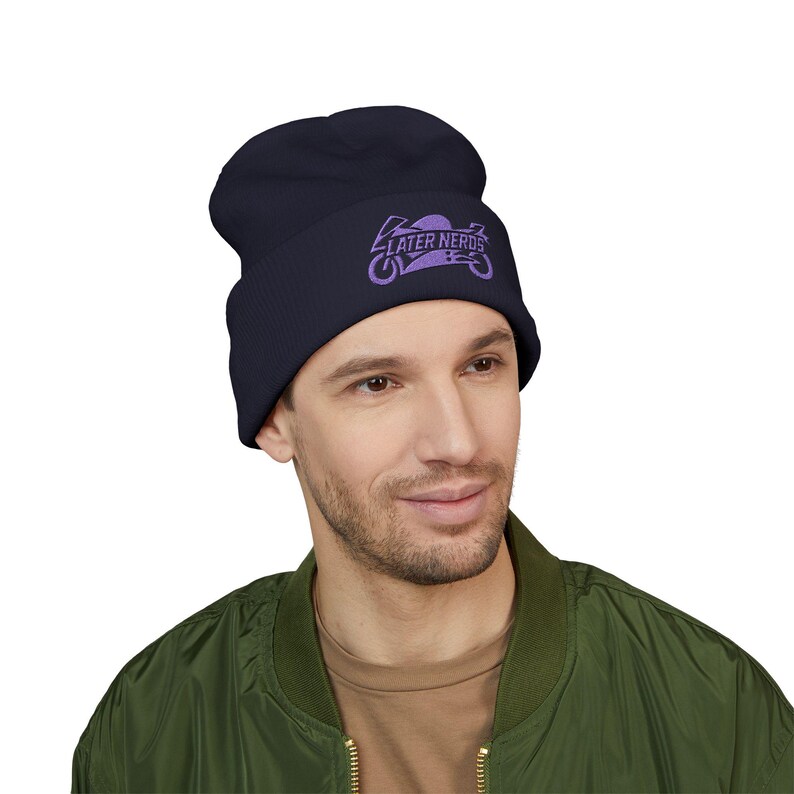 Later Nerds Heritage Beanie | Embroidered Motorcycle Beanie | Rider Winter Hat afbeelding 3