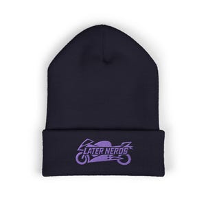 Later Nerds Heritage Beanie | Embroidered Motorcycle Beanie | Rider Winter Hat afbeelding 1