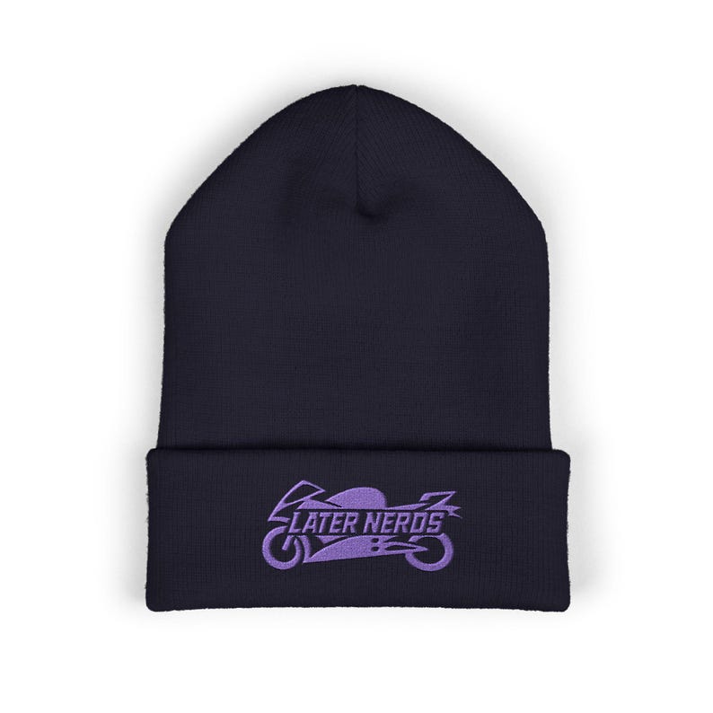 Later Nerds Heritage Beanie | Embroidered Motorcycle Beanie | Rider Winter Hat afbeelding 1