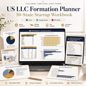 Könnte beinhalten: Ein 50-Staaten-Startup-Arbeitsbuch zur US-LLC-Gründung mit einem Laptop, der Einblicke, Kostenrechner und Steuerdiagramme anzeigt. Enthält gedruckte Blätter mit laufenden Kosten, einmaligen Gründungskosten und verschiedenen Diagrammen.