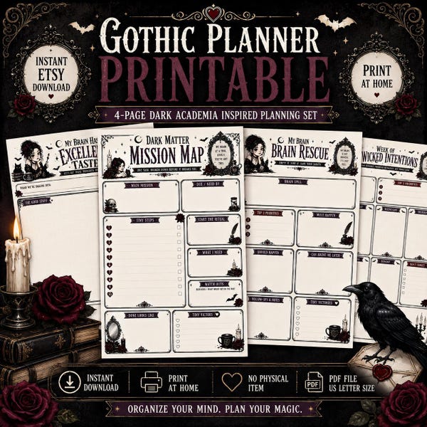 Dark Academia Planer zum Ausdrucken, Gothic-Wochenplaner, Brainstorming- und Aufgabenplaner, Hexen-Produktivität, Gothic-Schreibwaren, dunkle Ästhetik (PDF)