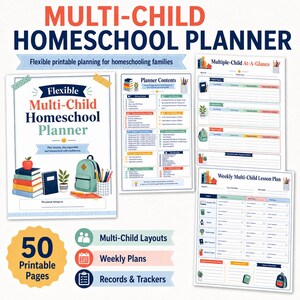 May include: A multi-child homeschool planner with 50 printable pages, featuring a cover page, a contents page, an at-a-glance sheet, and a weekly lesson plan. The design includes illustrations of books, a backpack, and school supplies.