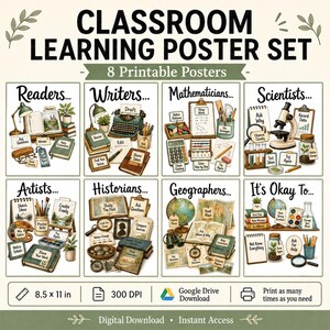 Op de afbeelding: Een set educatieve posters voor in de klas met 8 printbare posters met illustraties voor lezers, schrijvers, wiskundigen, wetenschappers, kunstenaars, historici, geografen en een 'It's Okay To'-poster. Inclusief digitale download.