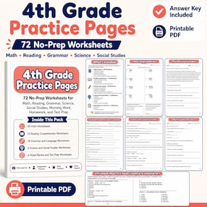 May include: A collection of 72 printable 4th grade practice pages featuring math, reading, grammar, science, and social studies worksheets. The set includes an answer key and covers topics like multi-digit addition, reading comprehension, and sentence structure.