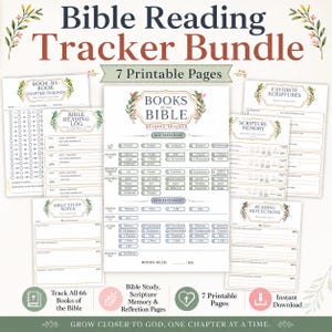 May include: A Bible Reading Tracker Bundle featuring 7 printable pages with floral accents. The pages include a Books of the Bible reading tracker, a Bible reading log, Bible study notes, favourite scriptures, scripture memory, and reading reflections.