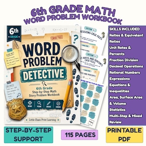 May include: A 6th Grade Math Word Problem Detective workbook featuring a detective-themed cover with a magnifying glass, a yellow pencil, a gold badge, and math equations. The workbook includes 115 pages of printable PDF maths lessons.