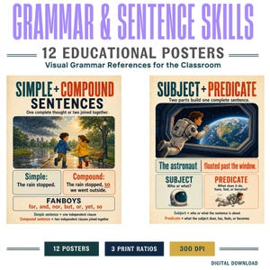 以下が含まれることがあります： Grammar & Sentence Skillsと題された12枚の教育用ポスターセット。雨の中の子供たちや宇宙にいる宇宙飛行士のイラストが描かれており、単純文と重文、主語と述語を説明するテキストが含まれています。