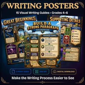 May include: A set of 15 educational writing posters for grades 4-6, featuring visual guides titled Great Beginnings, Build a Strong Paragraph, and Supporting Details. The posters display text, icons, and fantasy-themed illustrations.