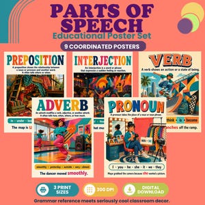 Ordklassposters Klassrumsdekorationer Grammatikposters Engelsk språkfärdighet Referensväggkonst Årskurs 4-5