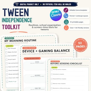Può includere: Un kit digitale per l'indipendenza dei preadolescenti con 52 pagine stampabili di routine, organizzazione scolastica e strumenti per il tempo davanti allo schermo. Include modelli Canva modificabili, layout verticali e orizzontali e versioni a colori.
